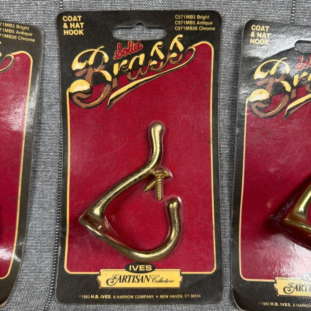 Vintage Solid Brass Coat Hat Hooks Set of 3 Made In USA IVES Artisan 1983